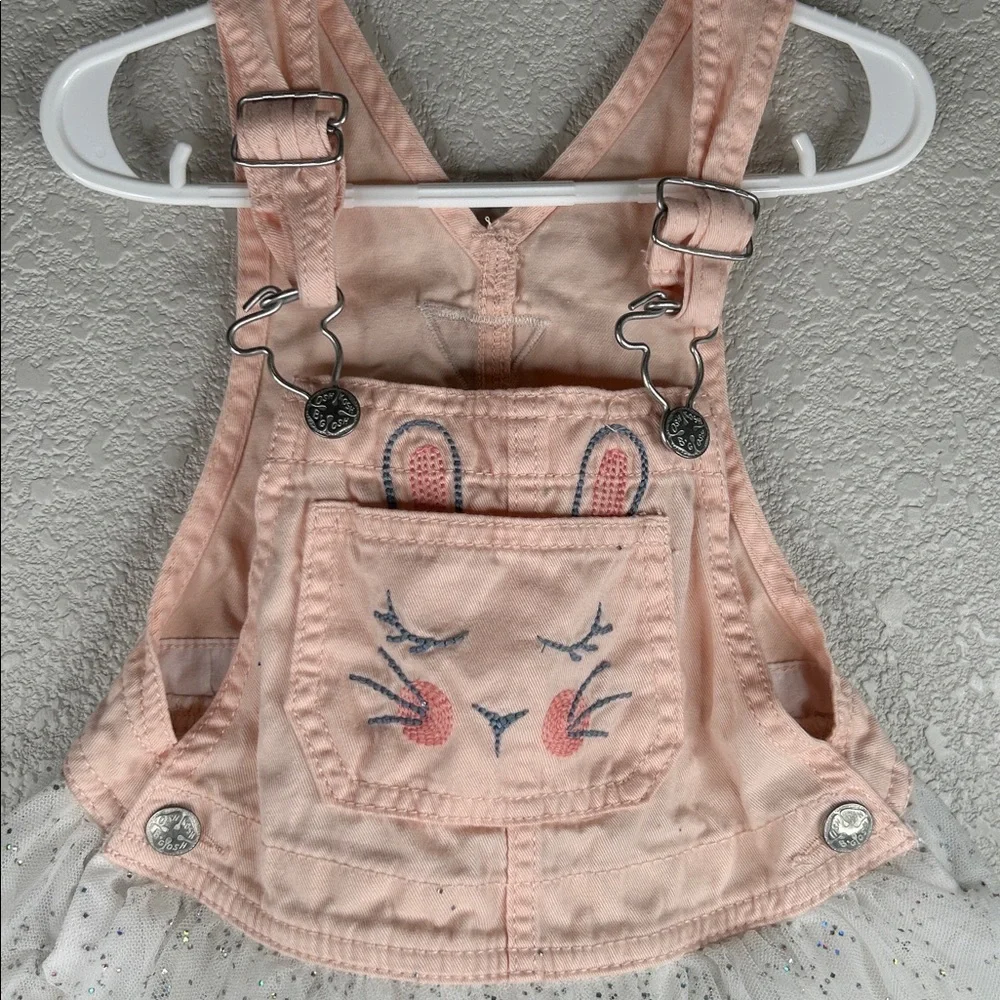 OshKosh‎ B'gosh Girl's Pink Bunny White Tulle Silver Sparkle Skirt Overalls 3T